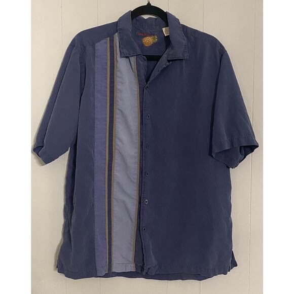 Caribbean Silk Lyocell Bowling Shirt Blue Stripe Men’s L Retro Rockabilly 60's - Picture 1 of 9